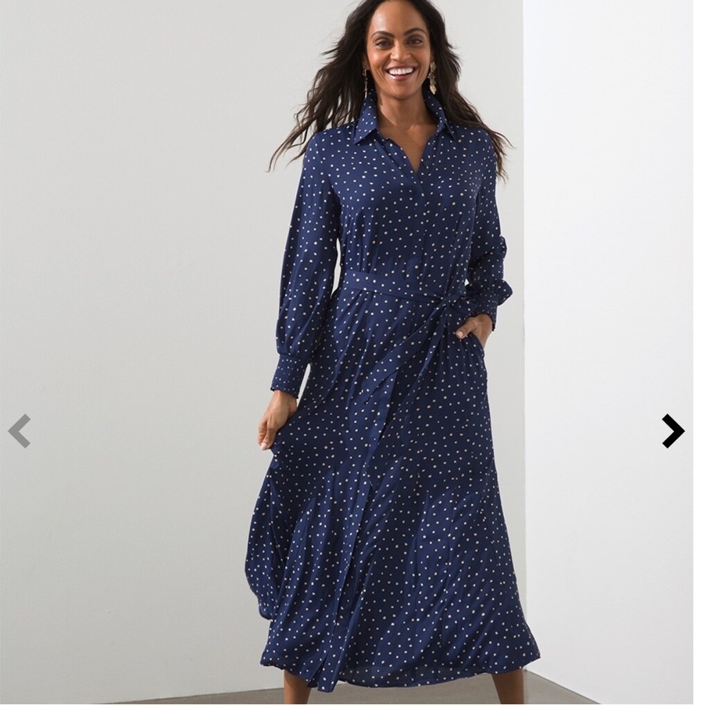 Chico's Navy Blue Polka Dot Maxi Shirt Dress